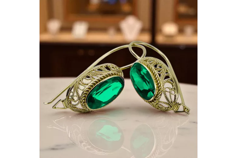 Сережки Вінтаж стиль Смарагд 14K Жовте золото vec023y